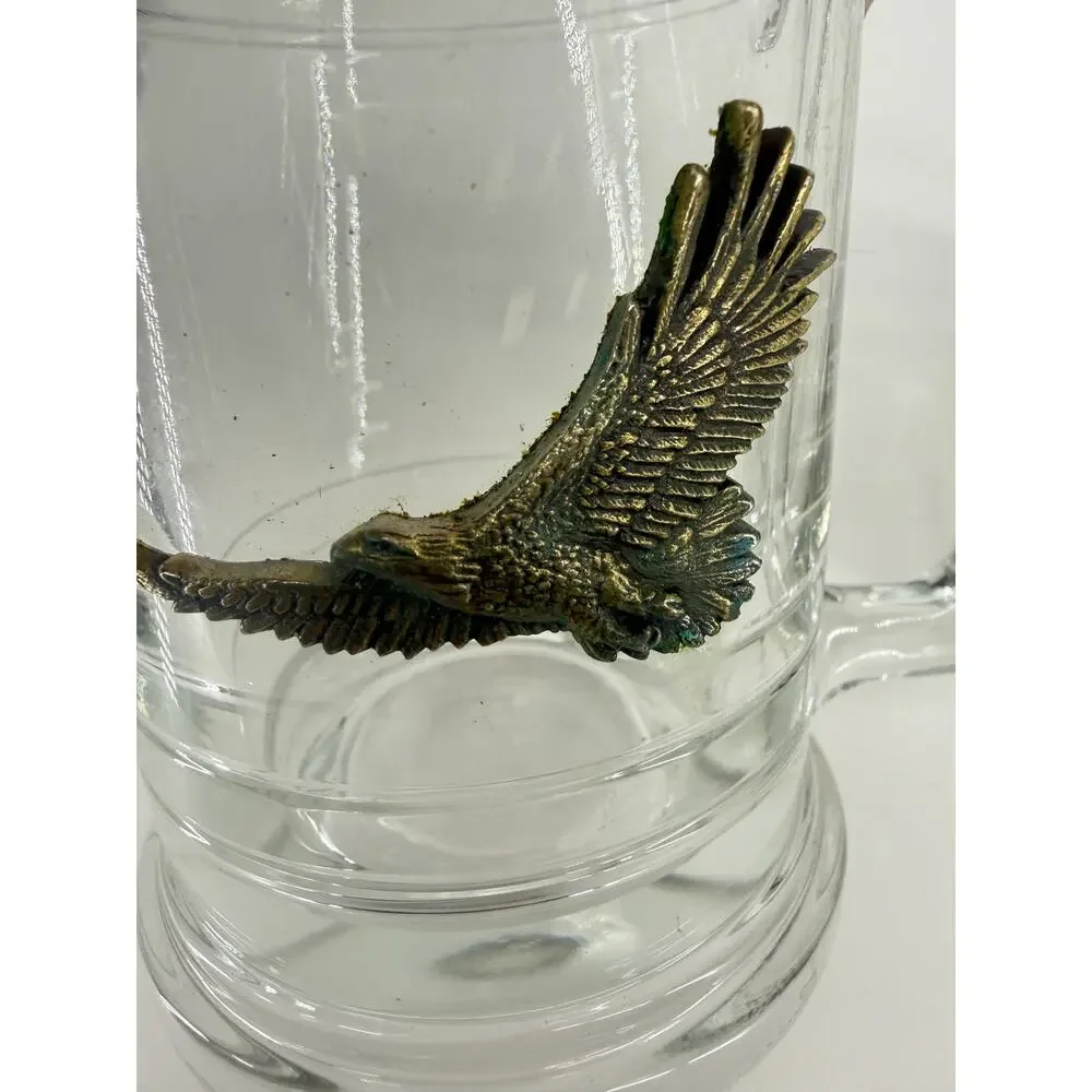 Vintage Glass Beer Steins Brass Eagle Emblems Patriotic Americana Barware Set 2